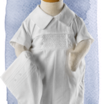 White baby boys pin tuck romper for LDS blessings christenings burials.