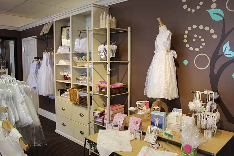 Interior White Elegance in Murray Utah Mormon LDS temple clothing store and modest bridal shop