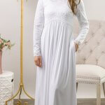 Plus-size LDS temple dress in easy-care fabric that’s washable, non-shrink, and wrinkle-resistant