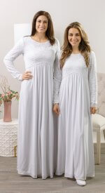 London #1133 | LDS Temple Dress with Lace Details | White