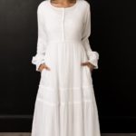 Madrid button up front white modest dress LDS temple dress