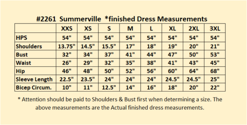 #2261 Summerville Dress Sizes
