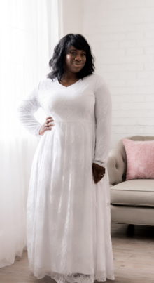 White Lace LDS Temple Dress with Pockets and V-Neck