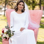 London LDS temple wedding dress white stretch lace empire waist