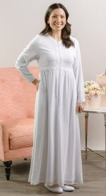 Plus-size Phoenix LDS temple dress featuring front zipper, soft drape, and long sleeves