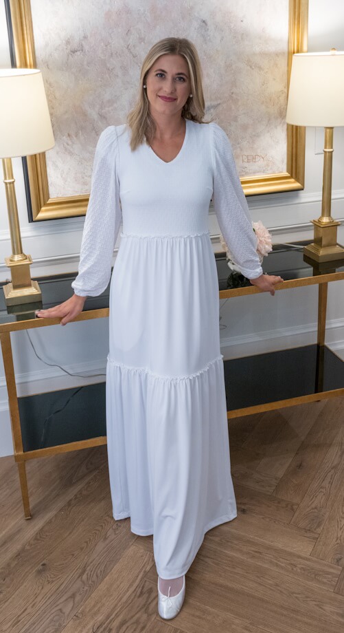 smocked knit white lds temple dress