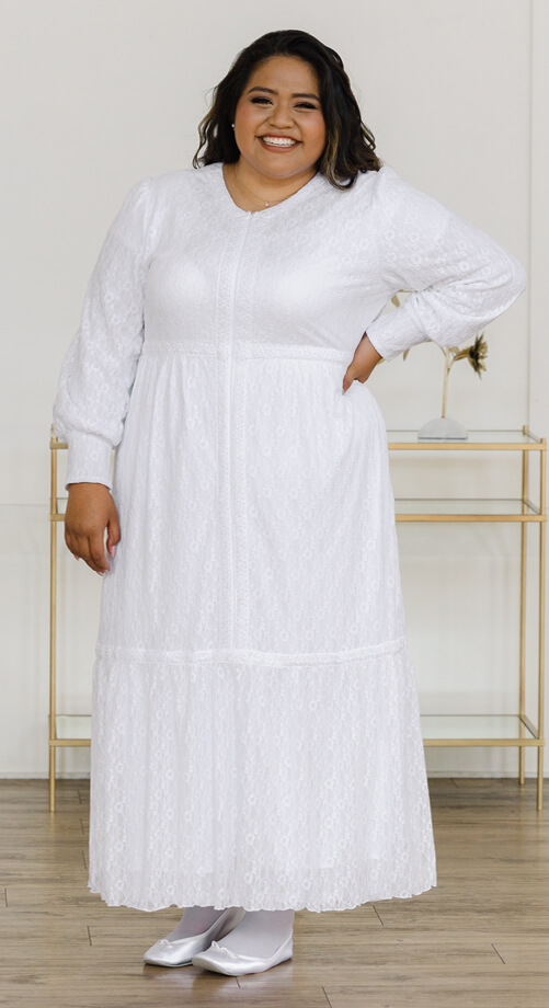 Zurich #1159 | LDS Temple Dress with Lace & Front Zipper | White