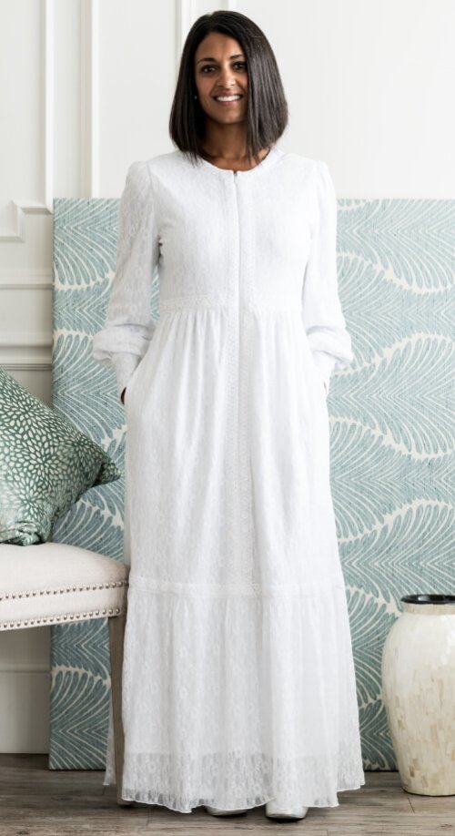 white lace lds temple dress with front closure