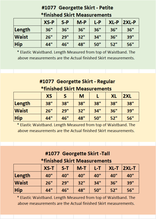 Georgette Skirt Measurement Size Chart