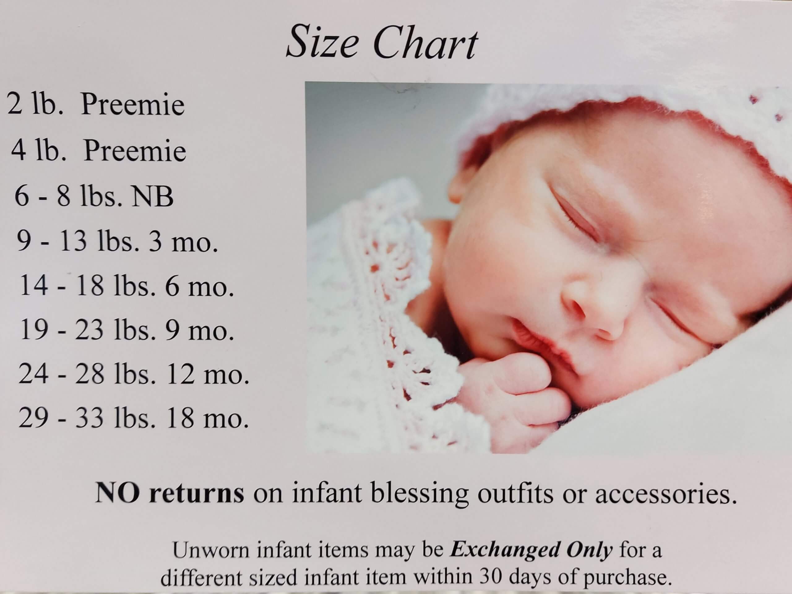 LDS temple infant blessing clothing measurements size chart - mormon baby baptism clothes