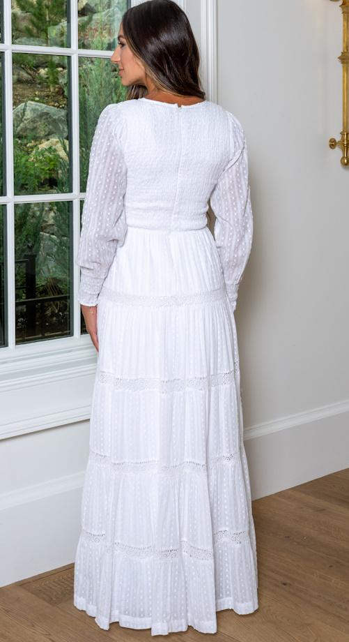Arendelle modest white long sleeve cotton lds temple dress - Back rear view