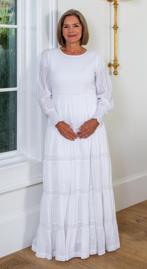 Arendelle modest white long sleeve cotton lds temple bridal dress