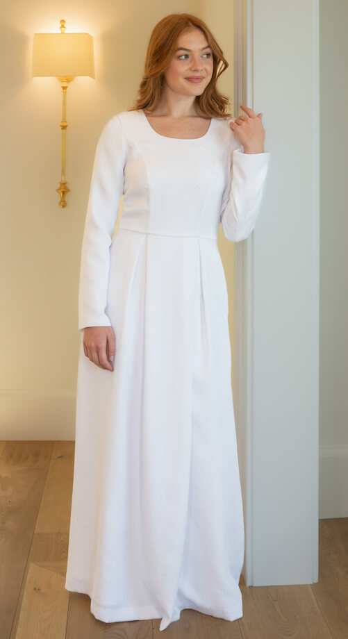 Cascade modest white bridal temple dress with box pleats and long sleeves