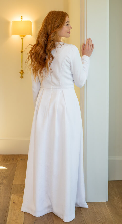 Cascade modest white LDS wedding dress with long sleeves and pleats back rear view