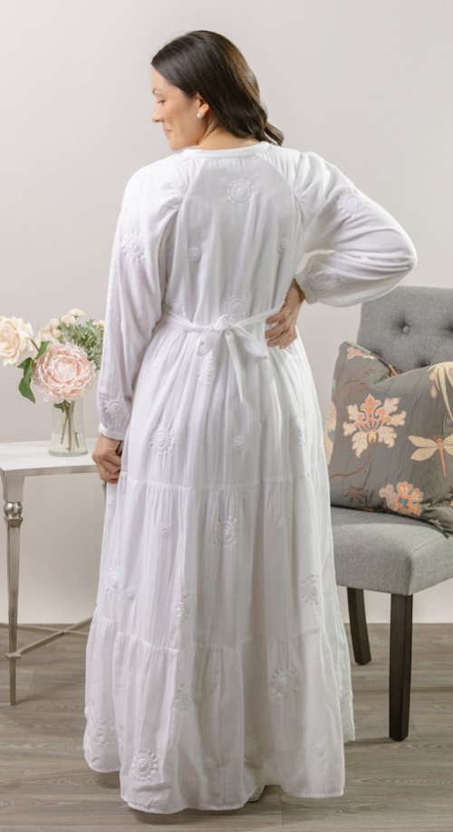 Plus-size Lahaina LDS temple dress in lightweight cotton with full coverage and relaxed fit