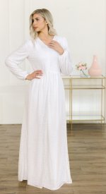 Galilee - White LDS Temple dress with front zipper and lace pattern accents