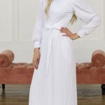 White LDS Temple Dress. Pleated skirt and sleeves. Carmen dress comfortable with two pockets