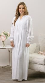 Plus-size LDS temple dress in soft white seersucker cotton with full skirt and side pockets