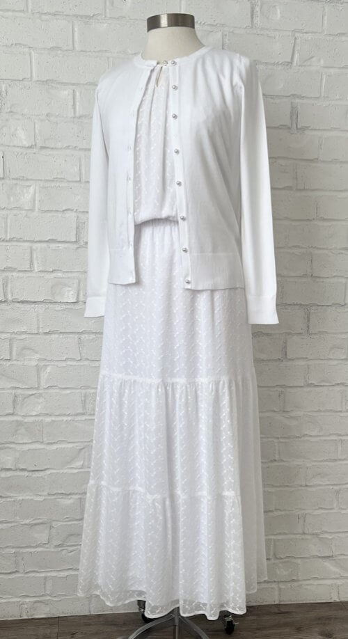 Sea Cliff Set – White LDS Temple outfit featuring an embroidered blouse, tiered skirt, and pearl-button cardigan.