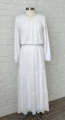 Sea Cliff Set – White boho-style LDS Temple blouse with a gathered neckline and tiered skirt, featuring delicate embroidery.