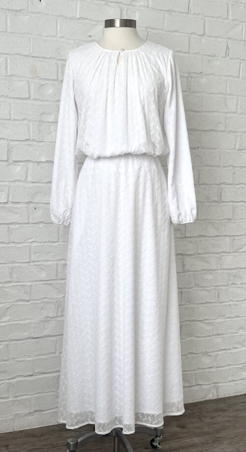 Bora Bora Set – White embroidered LDS Temple blouse with a keyhole neckline and matching A-line skirt for a timeless look.