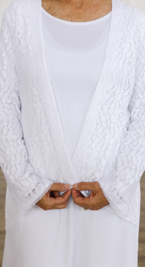 White lace jacket for LDS temple wear, shown in XS with scalloped edges and soft texture