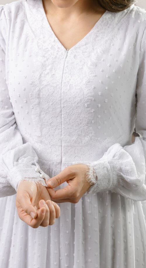 Unique LDS temple dress with front zipper, fitted bodice, and flowing full skirt from the Edinburgh collection