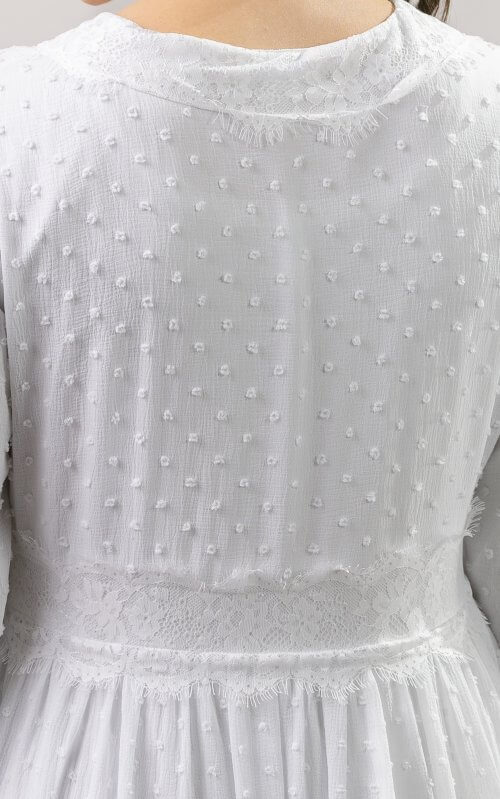 Full-length LDS temple dress with gathered waist, lace bodice, chiffon skirt, and front zipper closure