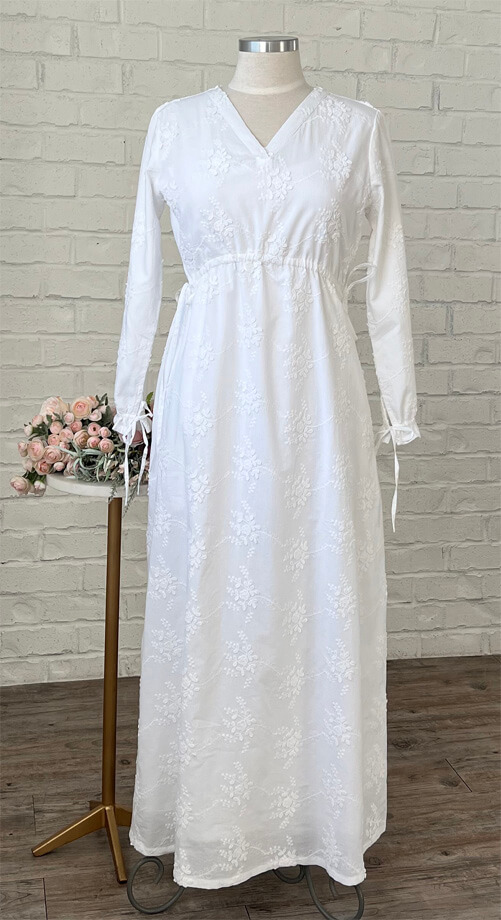 Cotton Winnipeg LDS temple dress cotton 3-d embroider Winnipeg 100% white cotton dress with floral pattern and high v neck LDS temple dress modest white dress